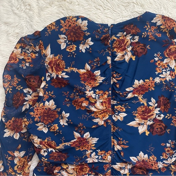 Veronica Beard Dress Hedera Ruched Silk Ruffle Mini Floral Electric Blue Sz 16 - Picture 5 of 12